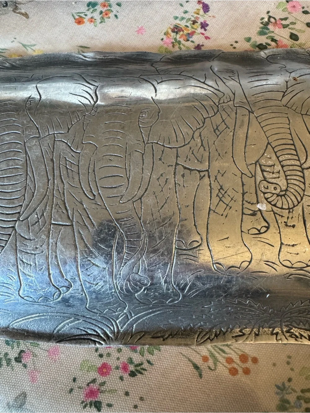 vintage Arthur Court Elephant Serving Tray, embossed safari scene-aluminum